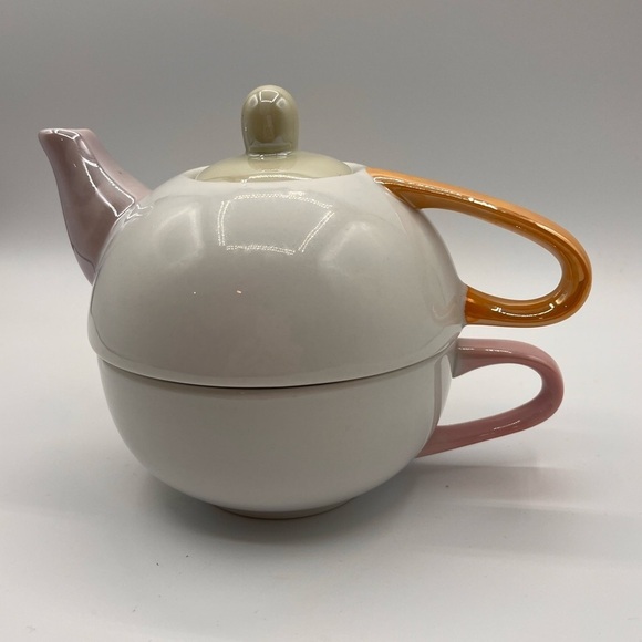 Stackable White Tea pot & Cup 16 oz Single Serve White Nesting Tea Party Vtg - Picture 1 of 8